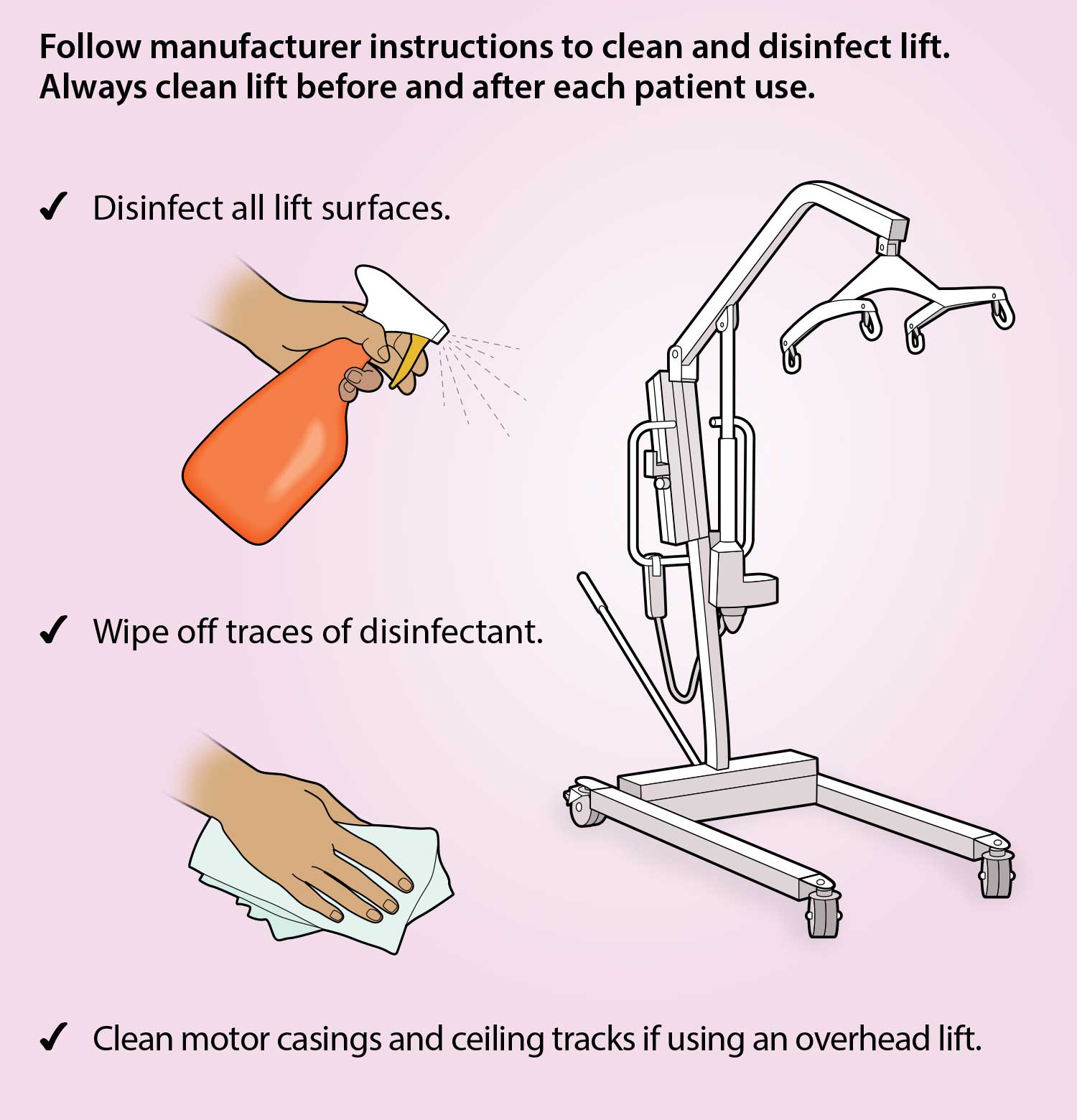 Follow manufacturer instructions to clean and disinfect lift